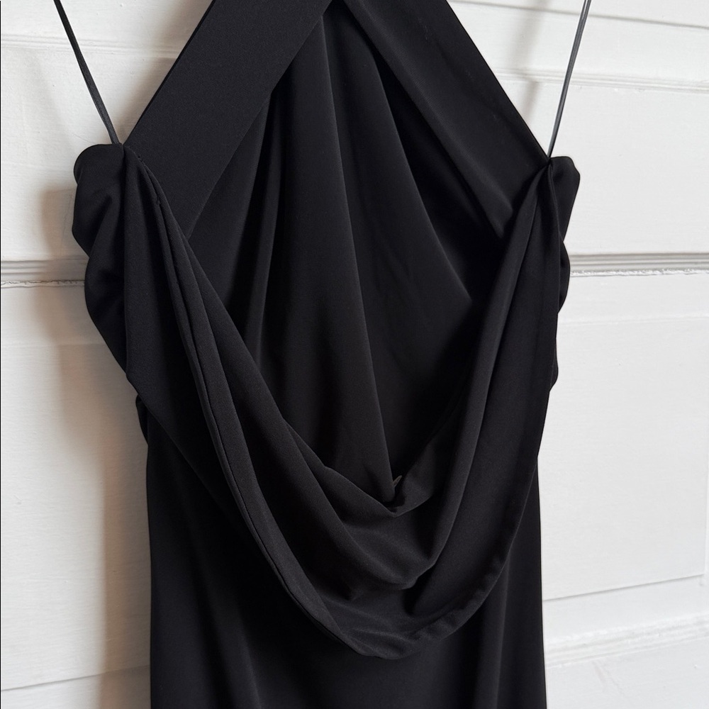 Zara Black Fitted Wrap Midi Dress Gold Neck Detail Criss-cross Back Slit NWT S - Picture 15 of 16